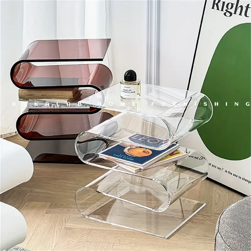 Modern S-Shaped Acrylic Side Table & Magazine Rack – Space-Saving Sofa Accent, Artistic Wave Design, Durable & Stylish for Living Room or Bedroom