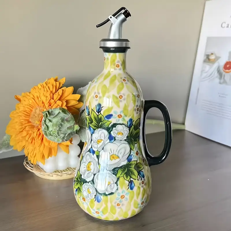 High-Temperature Resistant Ceramic Hand-Painted Light-Colored Seasoning Jar with a Handle | Suitable for Vinegar, Oil, And Liquor