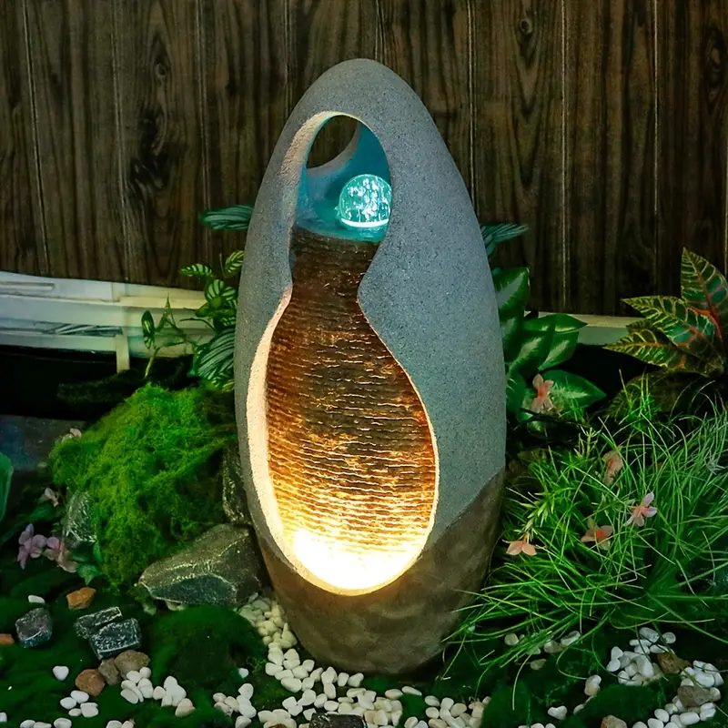 Floor-standing Fountain Ornament for Courtyard And Garden, 27.55 Inches Tall, Made Of Resin. It Is A Home Decoration Ornament, A Large Cobblestone Floor-standing Fountain with Glass Balls And Lights.