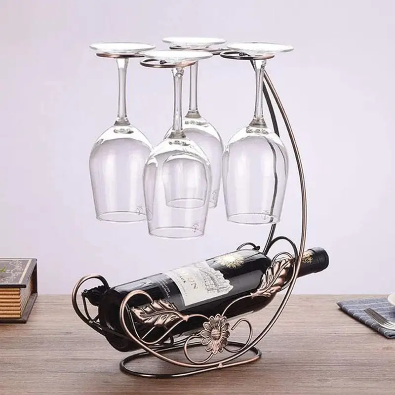 Elegant Golden Wine Rack with 4 Clear Wine Glasses - Vintage Metal Design, Perfect for Home, Restaurant, and Party Decor, Ideal Holiday Gift, Wine Serving Accessory | Decorative Wine Holder | Durable Metal Rack, Wine Accessories