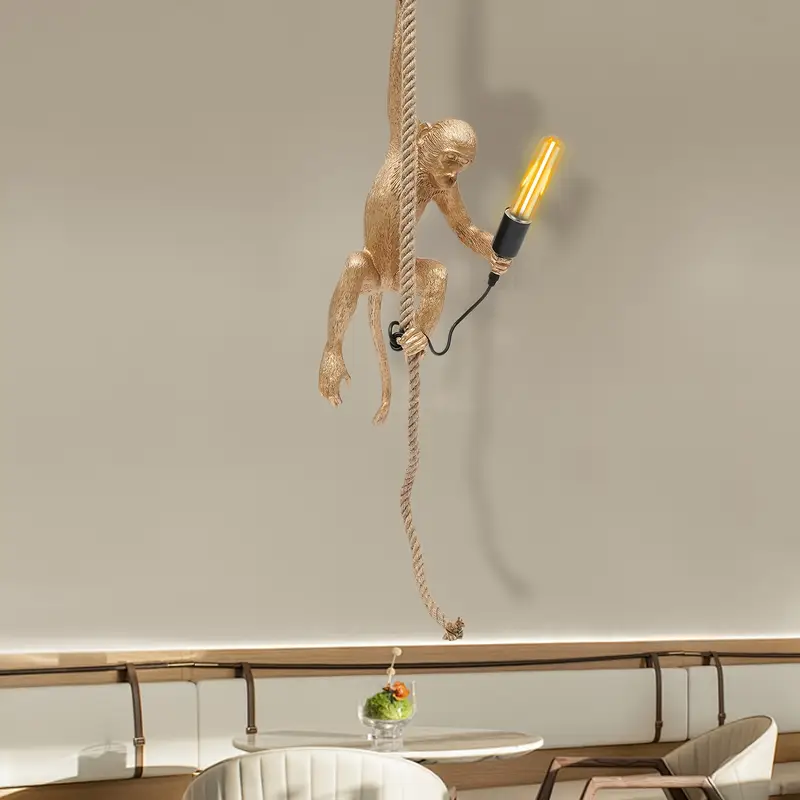 Golden Monkey Pendant Light Fixture – Industrial Retro Resin Chandelier with Hemp Rope, E26 Base (Bulb Not Included) – Decorative Hanging Lamp for Dining Room, Living Room, Bedroom, Bar, Cafe, Bedroom Lighting