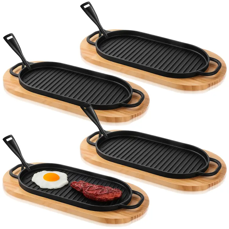 4pcs Cast Iron Fajita Skillet Pan Set | Sizzling Steak Plate With Wooden Base And Removable Handle Cast Iron Grill Frying Pan For Home Restaurant Kitchen Cooking (12 X 6.3 Inch)