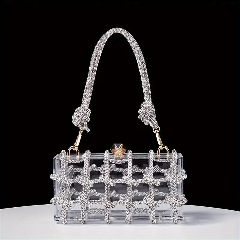 2024 Classic Acrylic Series Box Bag | Woven Rhinestone Rope Knot Acrylic Transparent Storage Box, Holiday Banquet Handmade Braided Rope Small Square Armpit Handbag